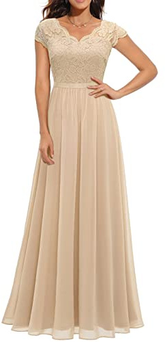 Elegante pizzo 3/4 maniche una linea abito lungo impero vita maglia sera cocktail abito da festa di nozze, Champagne-b, M