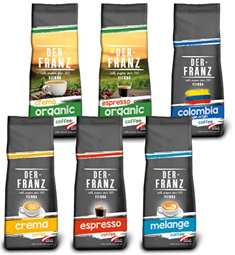 Der-Franz Café Pack, granos enteros, 6 x 500 g (1 x Crema, 1 x Espresso, 1 x Melange, 1 x Colombia, 1 x Espresso Organic, 1 x Crema Organic)