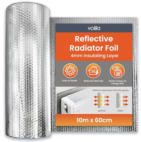Radiator Foil Insulation Roll 10m x 60cm - 1 Pack Radiator Reflector Panels for Enhance Heat Efficiency - Energy Saving Radiator Heat Deflector for Home Heating with Adhesive Pads Included