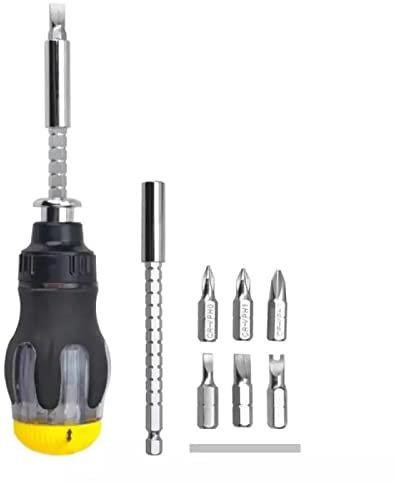 HYECHO Jeu de Tournevis à Cliquet Tournevis Multiple, 6 Embouts, Mini Tournevis Intégré, Magnétique, Rétractable, jusqu'à 15cm
