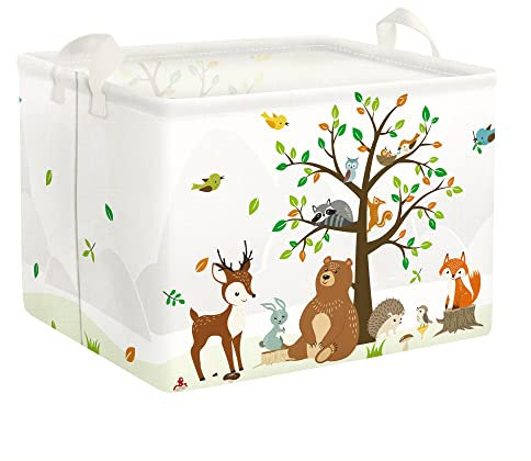 Clastyle Waldtier Kinder Wäschekorb mit Henkel Faltbar Blatt Kleidung Spielzeug Aufbewahrungskorb Jungen Mädchen Aufbewahrungsbox für Babyzimmer Bad, Bär Hirsche Fuchs, 40 * 30 * 30 cm