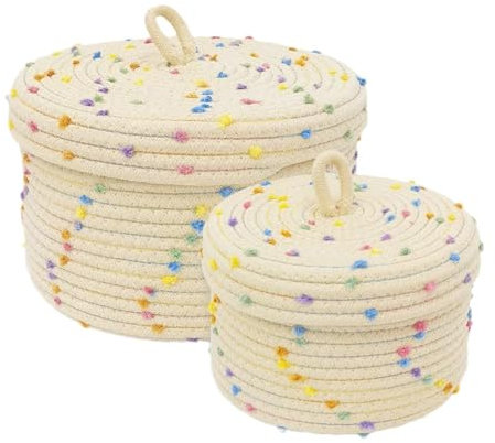 Oenothera 2 Pieces Storage Basket With Lid, Decorative Cotton Rope Lidded Container for Organizing Clothes, Jewelry, Stationery (Multicolor)