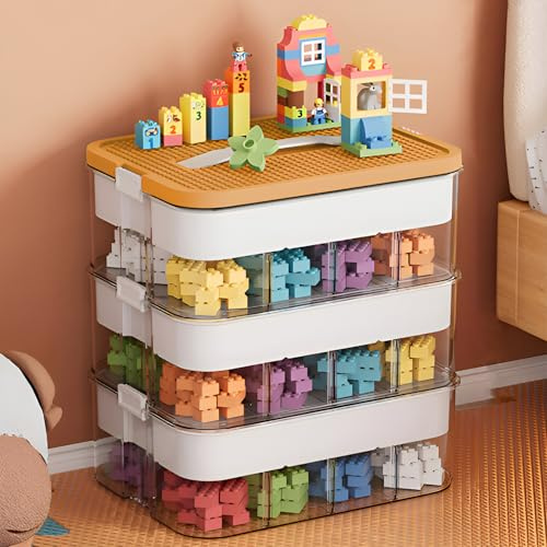 Storage Boxes,Kids Toy Lego Box,Stackable Toys Organizer with Lid,Handle,Plastic Multi Compartment Containers Chest Case for Storing Toys,Jewelry,Beads,Crafts,Tools,Building Blocks (3-Tier Yellow)