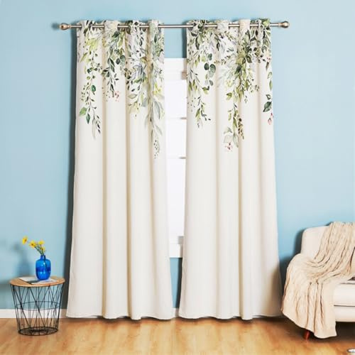 Tokusyou Gardin med gröna blad ogenomskinliga gardiner med öljetter lantställe mörkläggningsgardin vintage dekorativ gardin termisk gardin, köldskydd, vit för sovrum, fönster 2 stycken, set 210 × 132