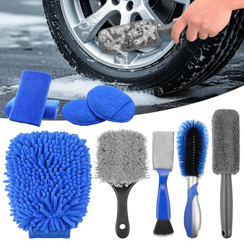 Kit de Nettoyage Voiture 9 Pièces, Kit de Détailing Auto Preicva avec Brosse Dure pour Pneus, Kit de Lavage Voiture avec Brosse pour Jantes, Gants en Corail, Chiffons, Disques de Cirage