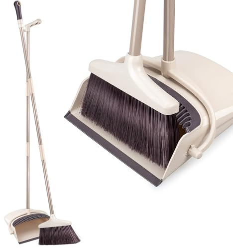 Woobroo Dustpan and Brush Set,Sweeping Brush Household Outdoor Indoor 2 Plus 1 for Household Cleaning and Sweeping Pet Hair Rubbish(Khaki)