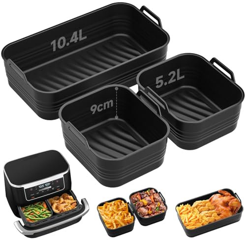 Alyvisun Moule Silicone Air Fryer, 3 Pièces Plat pour Airfryer Réutilisable Panier Friteuse Air Chaud Moules Pliable Barquette Bac Ustensile Liners pour Friteuse à Air 10 L/10,4 L (1x10,4 L+2x5,2 L)
