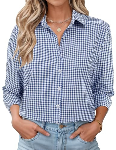 LOMON Women Cotton Button Down Tops Workout Shirts Dressy Casual Tops Linen Button Up Shirt Navy Blue and White Plaid S