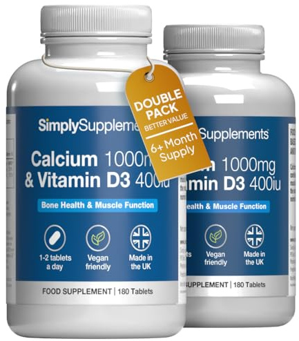 Calcium 1000mg & Vitamin D3 400iu | Supports Bone & Teeth Health | Contributes to Normal Muscle Function | Vegan & Vegetarian Friendly | 360 Tablets = 6 Months’ Supply | GMP-Certified & UK-Made