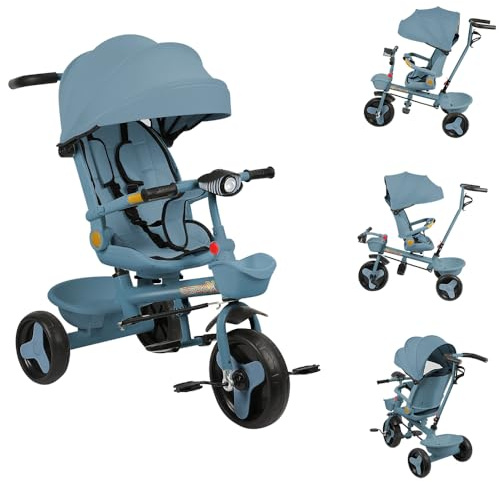 OHMG Tricycle évolutif, 5 en 1,9 mois à 25 kg, tricycle pour enfants, siège pivotant à 360°, guidon et capote, harnais de sécurité, panier, poussette, repose-pieds et pare-soleil