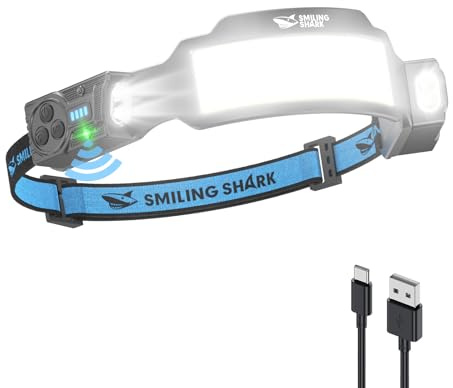 Smiling Shark TS-6 Lampada Frontale LED, Torcia da Testa Ricaricabile 2400mAh 2 Proiettori Orientabili & Luce Inondazione & Strobe Headlamp con Sensore di Movimento per Camping Jogging Corsa (1 PACK)