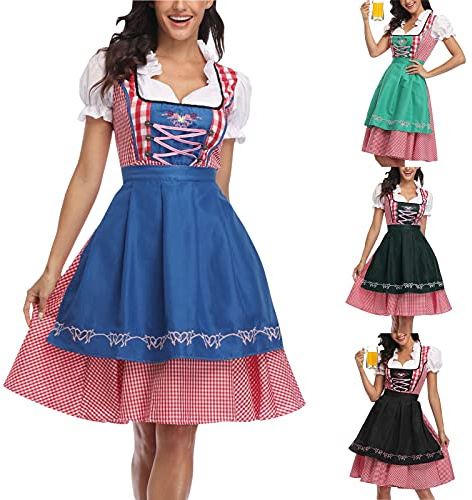 Oktoberfestdräkt för kvinnor, tysk dirndl-klänning, traditionell bayersk karneval, fest, 3-delad rutig klänning med förkläde, tjusig midikjol, ölkarneval, hembiträdeskostymer, Armégrönt, L