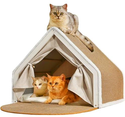 Cat Houses for Indoor Cats - 4 Seasons Cat Bed Cave with Natural Sisal Cat Scratcher Mat, Solid Wood Frame Cat House with Curtains and Cat Floor Scratching Pad Rug, Protect Couch and Carpets, M