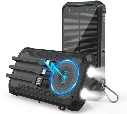 Solar Power Bank 20000mAh Wireless Portable Charger Built-in 3 Cables 15W USB-C Fast Charging Black Battery Pack Compatible with iPhone, Samsung, Emergency LED Flashlights Perfect for Camping, Hiking