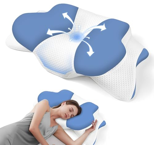 Memory Foam Neck Pillow, Ergonomic Cervical Memory Foam Pillow for Neck and Shoulder Pain Relief, Orthopedic Neck Support Pillow with Cooling Washable Cover for Side, Back, Stomach Sleepers (Blue)