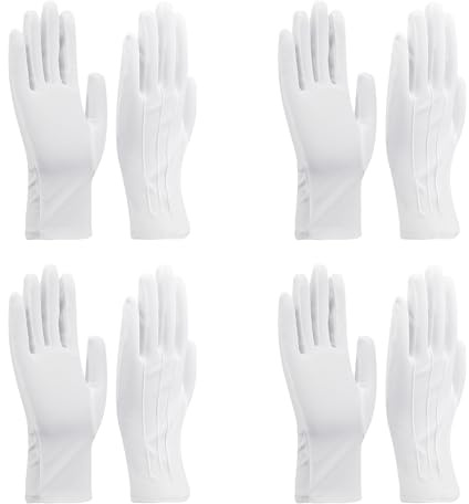 DYSWTUE 4 Pares Guantes Blancos, Guantes Blancos Cosidos para Hombres y Mujeres, Suaves, Reutilizables para Catering, Manipulación de Vestidos de Novia, Disfraces, Inspección de Joyas