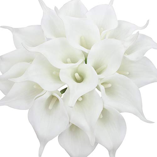 Veryhome 20 Pcs Lys Calla De Mariée Bouquet De Fleurs Artificielle Tête De Fleur en Latex Real Touch Home Party De Mariage Décoration (Blanc-Blanc)