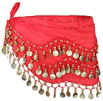 LUOEM Damen Bauchtanz Gürtel, Chiffon Hüfttuch, Tanztuch mit Münzen für Bauchtanz (rot)