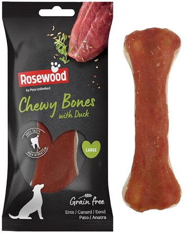 Rosewood Chewy Bones - Kauknochen mit Ente für Hunde - Groß, Rinderhaut-Leckerli mit Ente, Zahnpflege, Proteinreich, Getreide- und Glutenfrei, Ohne Künstliche Zusätze, 90g