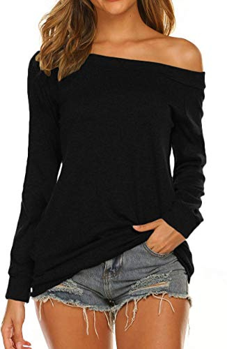 Lalala - Blusas para mujer con hombros descubiertos, camiseta suelta tipo túnica con cuello barco, Negro, M