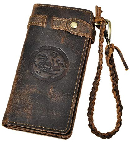 Le'aokuu Uomini Vera Pelle Bifold Organizzatore Portafoglio Checkbook Chain 3377 (3377 A Drago Marrone Scuro)