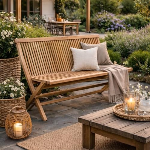 LEBENSwohnART Teak Klappbank KURSI ca. L110cm Natural Gartenbank Holzbank Sitzbank Massivholz