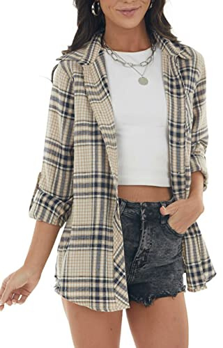 NUOREEL Women’s Plaid Flannel Button Down Shirt Long Sleeve Casual Blouse Top with Pocket (Beige Plaid, X-Large)