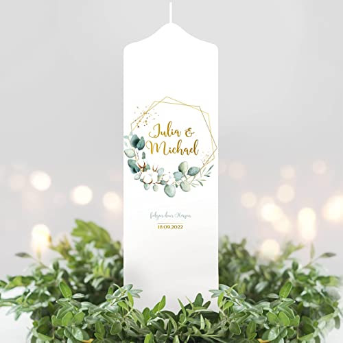 Wandtattoo Loft Hochzeitskerze personalisiert mit Namen und Datum, Motiv mit Eukalyptuszweig, 25cm x 7cm, personalisierte Traukerze, Hochzeit Kerze selbst gestalten, Hochzeitsgeschenk, Valentinstag