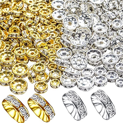 400Pcs 6mm Sparkling Crystal Spacer Beads, Gold/Silver Plated Rondelle Spacer Bead Crystal Rhinestone Loose Beads for Jewelry Bracelets Making Craft
