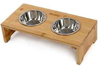 lionto erhöhter Hundenapf aus robustem & pflegeleichtem Bambus, 40x20x10 cm, doppelter Futternapf für Hunde & Katzen, 2 Edelstahlnäpfe Ø 11 cm & je 350 ml Fassungsvermögen, rutschfest & gelenkschonend