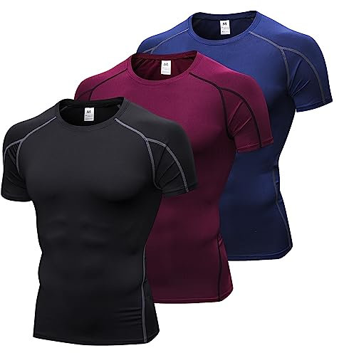 Yuerlian 3 Pack Mens Running Compression Tops, Base Layers Comfortable Top Gym Short Sleeve Shirt, Quick Dry Sports Workout T Shirts, 3 Pack(b Grey+wine Red+navy Blue), XXL