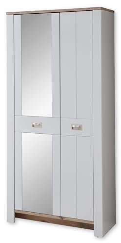 Stella Trading Dijon Garderobenschrank mit Spiegel in Ashgrey, Viking Oak Optik - Moderner Flurgarderoben Schrank mit viel Stauraum - 98 x 201 x 38 cm (B/H/T)