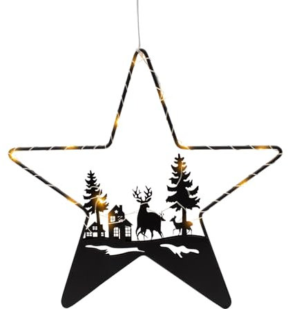 LED Stern Silhouette schwarz mit Weihnachts Motiv - 30 cm - Deko Aufhänger mit 14 LED in warm weiß beleuchtet - Schattenbild Winter Szene Weihnachtsdeko Silhouettenbild