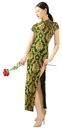 ROYAL SMEELA Vestido Qipao Terciopelo Manga Corta Mujer Vestido Cheongsam Chino Verde Vestido Cheongsam Qipao Tradicional Chino para Mujer Disfraz China Cheongsam Ahuecar Largo Vestidos de Chinos