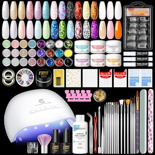 PEACECOLOR 74Pcs Acrylic Nail Kit with Lamp,6 Colours Acrylic Powder and Liquid Set, 24Pcs Glitter Powder Top Coat Base Coat False Nails Brush Nail Art Tools Kit for Beginners