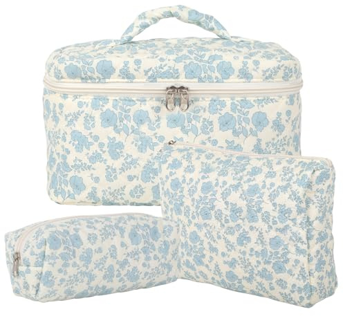 3-delars reseset med kosmetiska väskor för kvinnor, set med necessärer i bomull och quiltad necessär med blommönster, sminkväska, estetisk sminkväska för barn och kvinnor