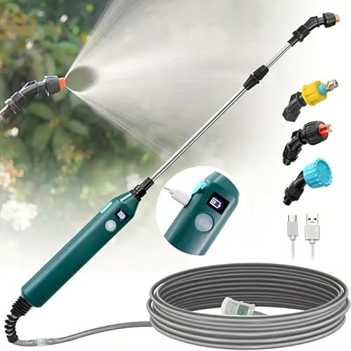 Electric Garden Sprayer Wand, Battery Powered Pressure Watering Sprayer Gun, 23 Inch Garden Sprayer Wand with 3 Adjustable Nozzles & 2/3/5m Hose, Perfect for Plants, Flowers, Shrubs, Garden (5M)