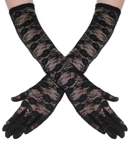 Lnngub 2 Stück/1 Paar Lange Spitzenhandschuhe für Damen, 42 cm Schwarze Lange Fäustlinge Blumenspitze Opernhandschuhe aus Polyester für Hochzeiten, Partys, Aufführungen, Tanzpartys, Täglich