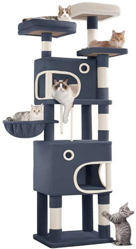 Hzuaneri Kratzbaum, 180 cm Katzenbaum mit 8 Kratzsäulen, 3 Plattformen, 2 Höhlen, Korb, Plüschbälle, Sisalseil, Geeignet für Katzen Verschiedener Größen, Dunkelgrau MS18018SG