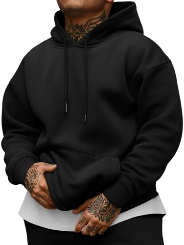 QIXING Men's Cotton Fleece Lined Hoodie Casual Warm Pullover with Kangaroo Pocket & Drawstring - Winter Streetwear Hoodies (Black, L)