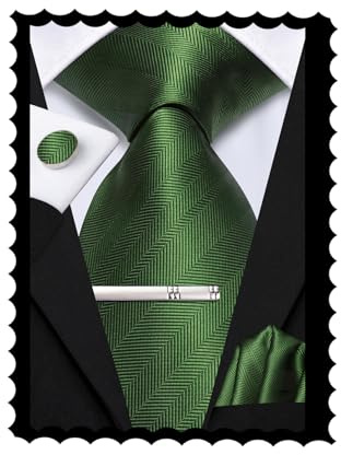 Hi-Tie Men's Green Ties Set 4 PCS Silk Ties for Men 4 PCS Dress Necktie Pocket Square Cufflinks Clip Pin for Wedding