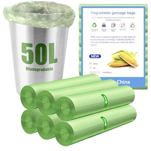 YOMKILU 90 Pezzi Sacchetti Umido Biodegradabili 50L, 6 Rollen 60x80cm Sacchetti Spazzatura, 13 Gal Buste Immondizia per Cucina, Ufficio, Soggiorno, Bagno, Verde