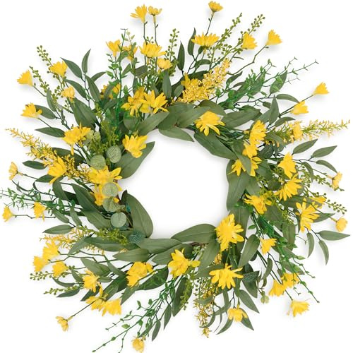 Künstlicher Türkranz, Frühlings- und Sommerkränze für Haustür mit Dasisy, 46 cm, Eukalyptus, Haustürkranz für Bauernhaus, Fenster, Wand, Kamin, innen und außen