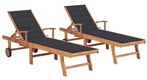 HaoChrymec Transat Jardin Extérieur, 2 Pièces en Bois de Teck Massif, avec Coussin Anthracite, Dossier Réglable 4 Positions, Structure Acier Galvanisé, pour Piscine, Terrasse, Balcon, 195 x 59.5 cm