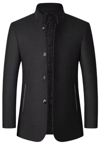 HUIANGLIYG Blazer en Tweed pour Homme, Veste de Costume Vintage en Laine Mélangée À Chevrons, Col Mandarin, Trench Coat Court en Laine, Coupe Slim, Pardessus Simple Boutonnage pour L'Automne et L