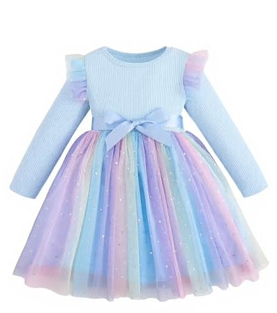 JiAmy Abiti Arcobaleno per Ragazze con Gonna a Balze a Maniche Lunghe, Bambine, con Paillettes, Maglia a Costine, Gonna in Tulle per 1-6 Anni, Blu, 12-24 Mesi