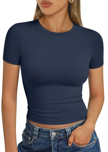LILLUSORY Crop Tops Short Sleeve T Shirts for Women UK Summer Going Out Basic Slim Fit Tshirts Gym Workout Y2k Clothes