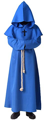 BLESSUME Monje Disfraz Sacerdote Fraile Medieval Encapuchado Renacimiento Túnica (L, Azul)
