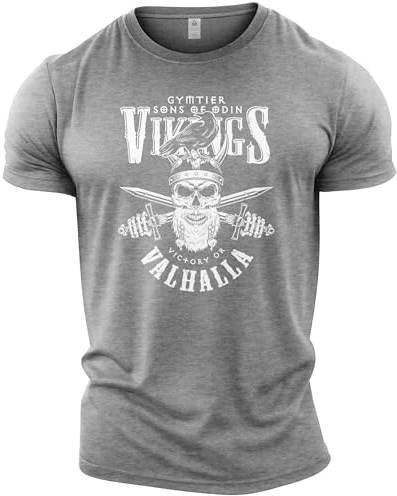 GYMTIER Vikings Victory Or Valhalla Viking Fitness T Shirt für Herren, Bodybuilding, Gewichtheben, Strongman Trainingsoberteil, aktive Kleidung, Sport, Grau, Größe XL