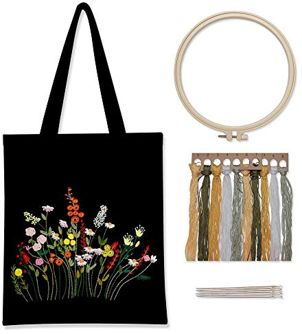Kit de Broderie pour Débutants, Sac Fourre Tout en Toile avec Motif Floral et Instructions Français Non Garanti, Kit de Point de Croix de Noël, Kits D'art et de Bricolage pour Adultes Débutants, C